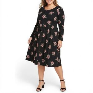 Old Navy Black Floral Print Fit & Flare Scoop Neck Long Sleeve Midi Dress XXL